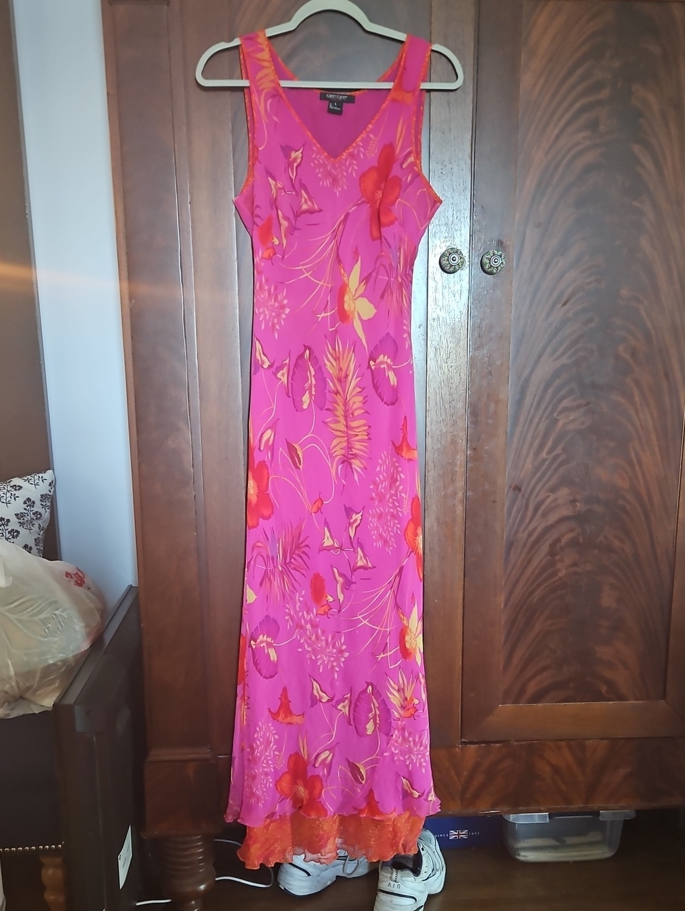 Karen Kane Hot Pink Floral Maxi Dress with Orange & Yellow Accents